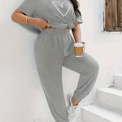 Heart Print Tee & Pants Pajama Set for Women