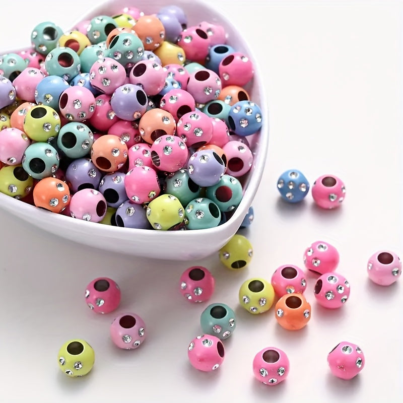 100pcs 8mm Acrylic Beads Large Hole Candy Color Rhinestone Inlaid Loose Beads