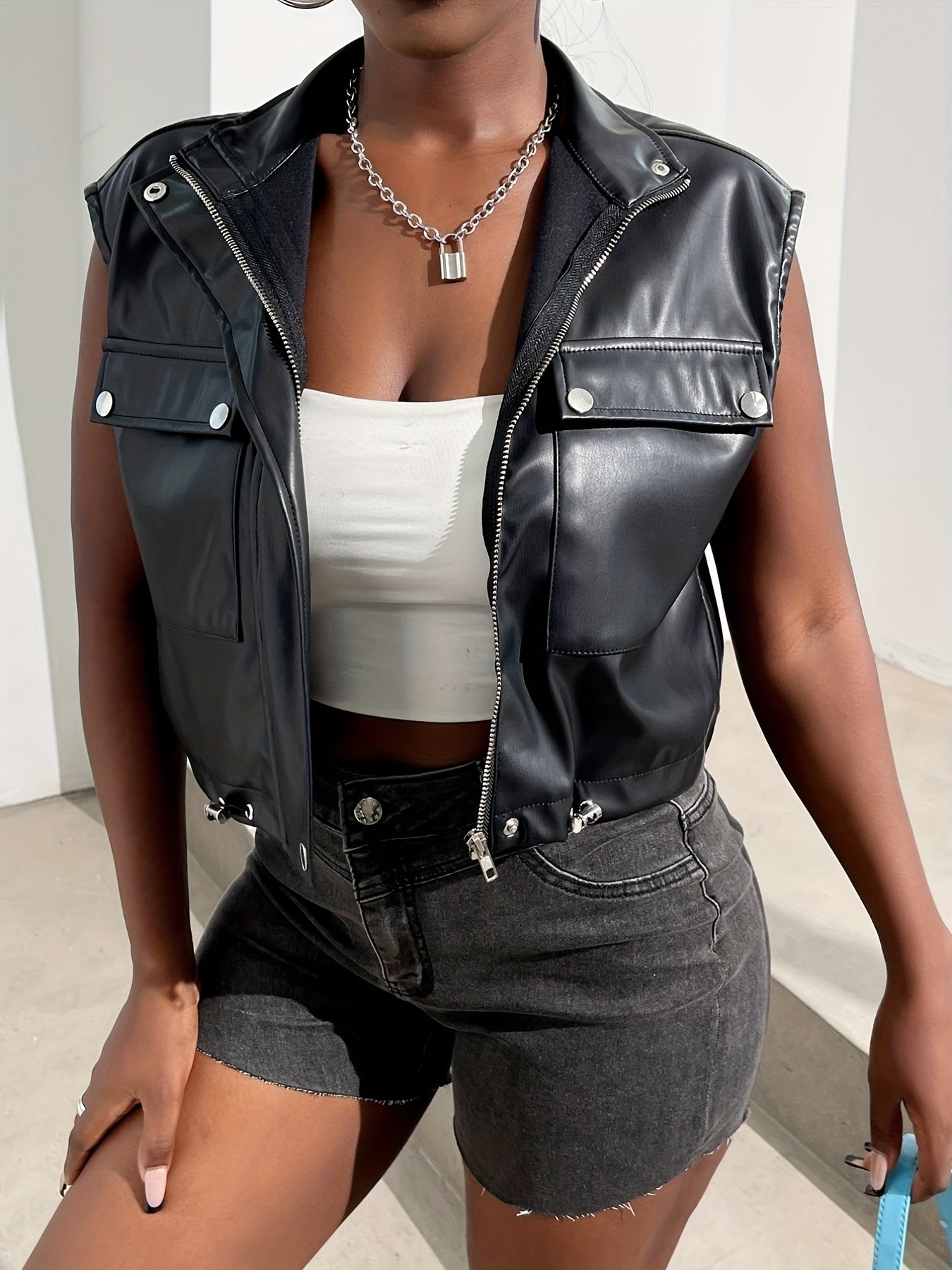 Faux Leather Zip Front Sleeveless Jacket for Women