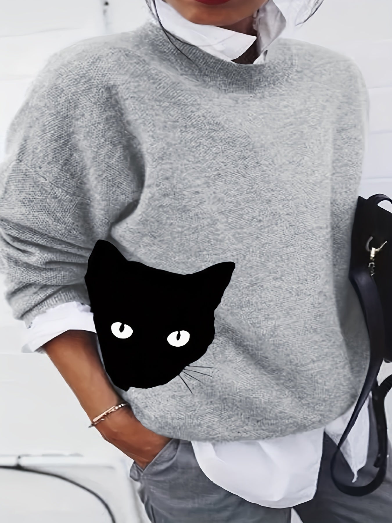 Cat Print Casual Sweater Round Neck Jumper