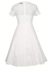 V Neck Button Front Wedding Dress Short Sleeve Dress