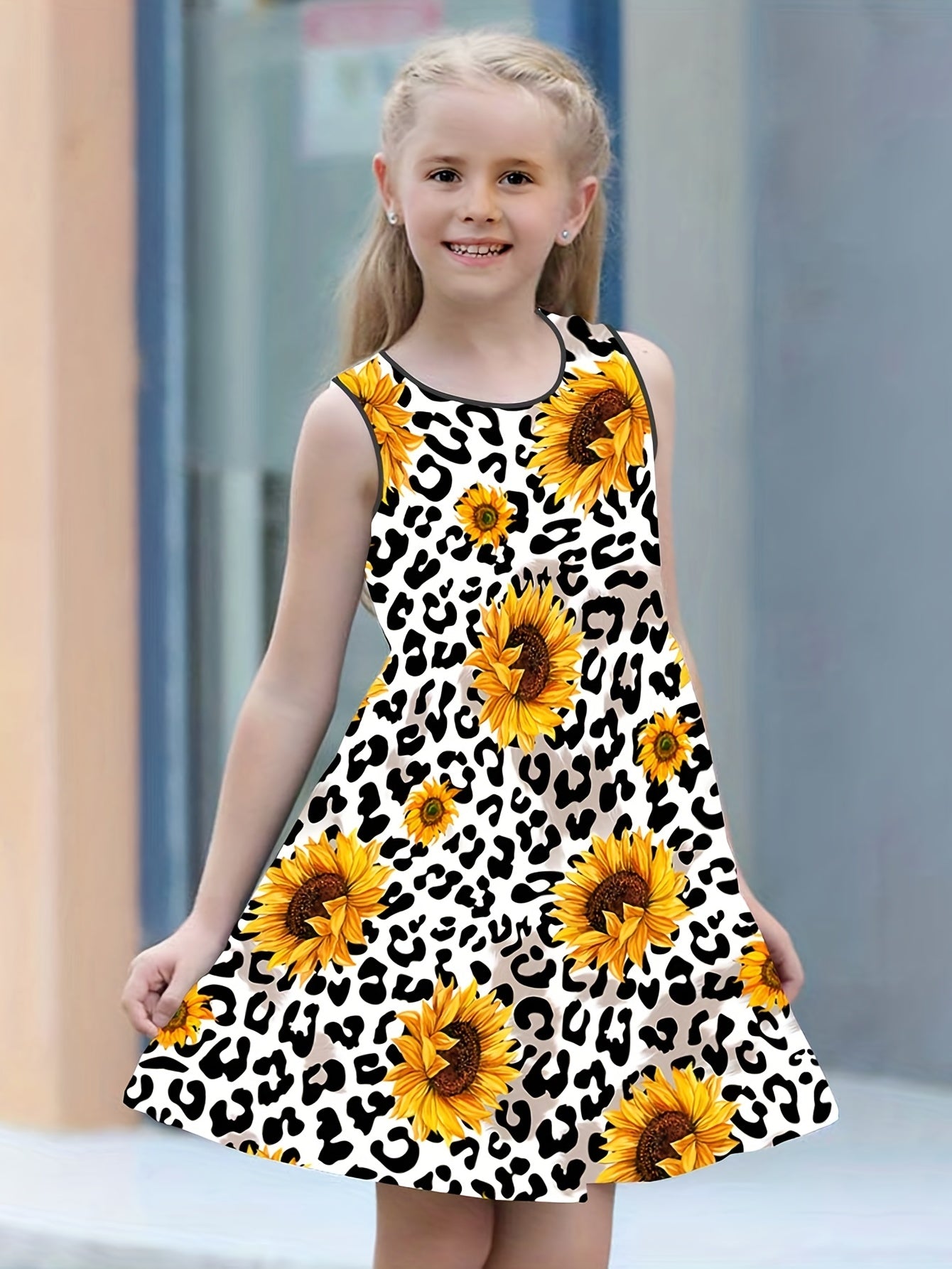 Leopard Sunflower Print Sleeveless T Shirt Dress for Girls