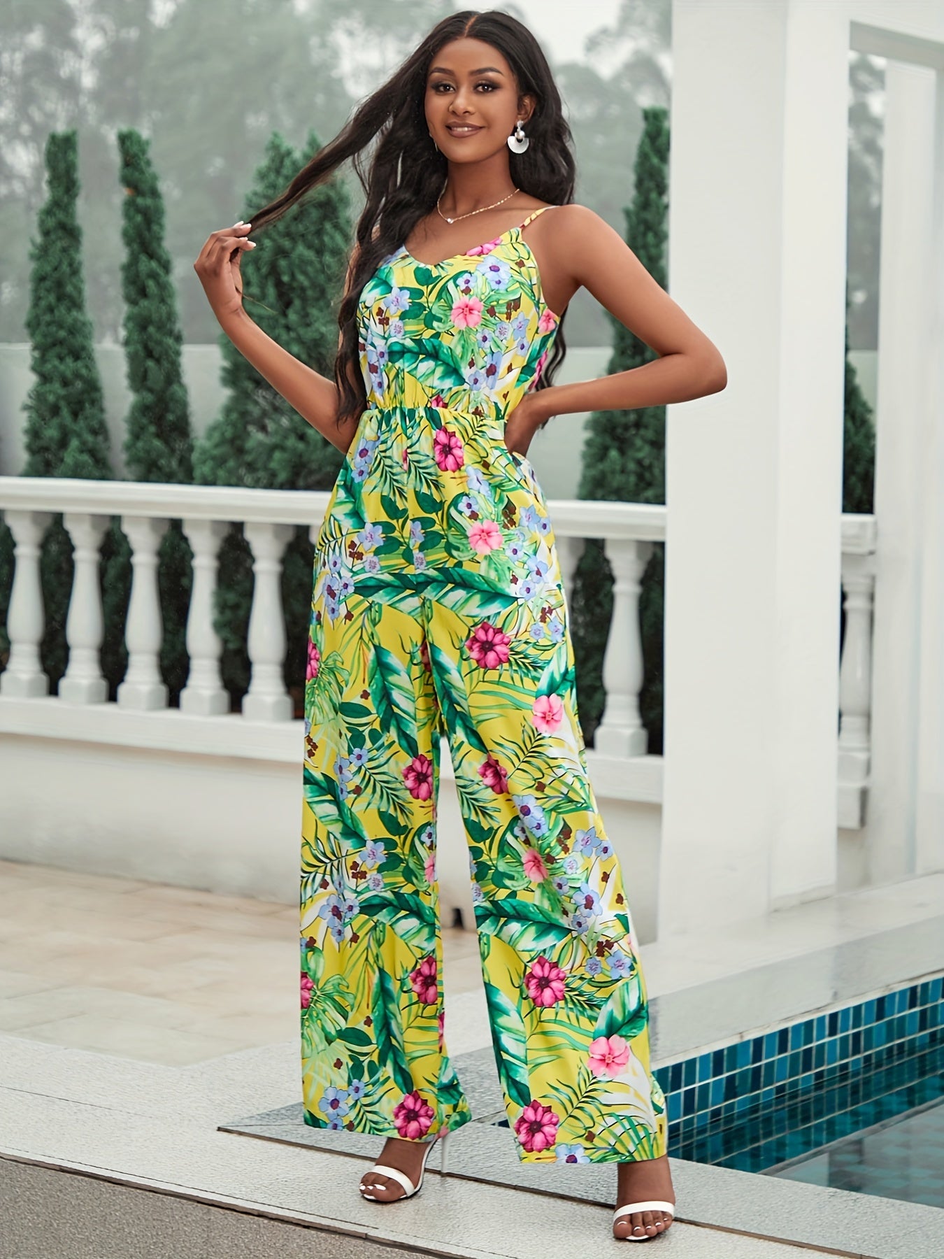 Floral Print Cami Jumpsuit Vacation Wide Leg Sleeveless V Neck Jumpsuit