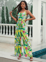 Floral Print Cami Jumpsuit Vacation Wide Leg Sleeveless V Neck Jumpsuit