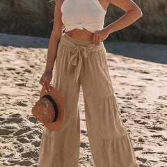 Smocked Waist Wide Leg Pants High Waist Casual Tiered