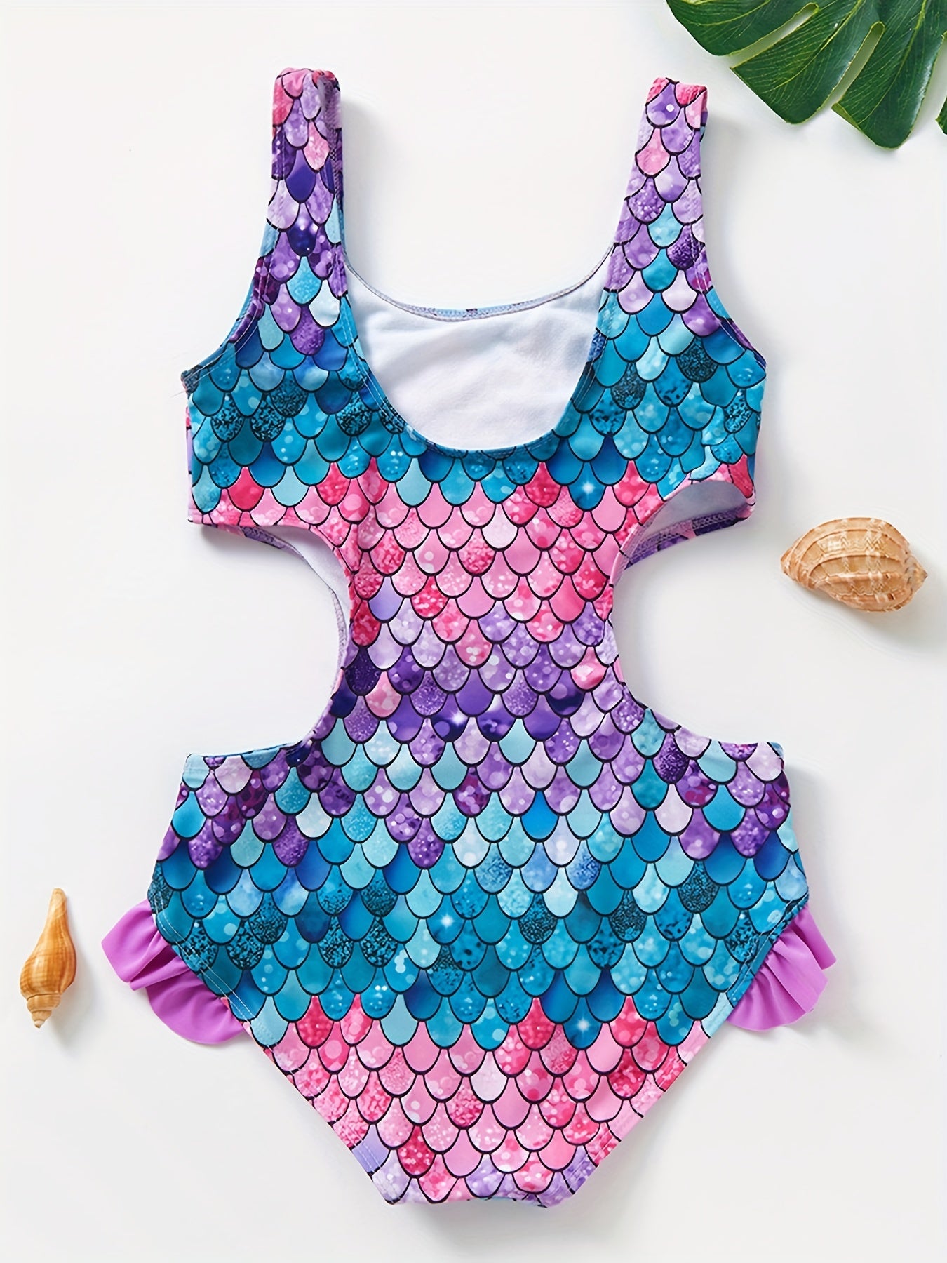 Toddler Girls Fish Scale Ruffle Trim One Piece Swimsuit