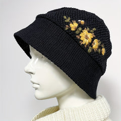 Yellow Flower Bee Bucket Hat Crochet Warm Basin Hat Women Cloche Hat