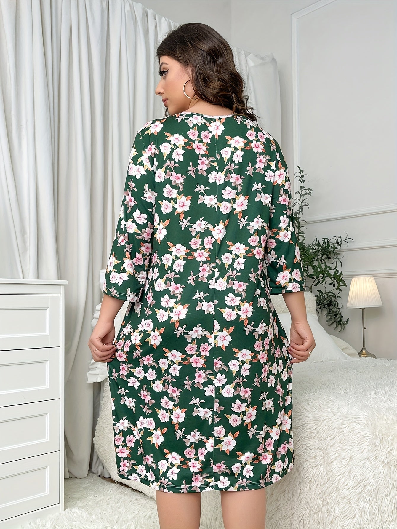 Nightdress Women's Floral Print Three Quarter Sleeve