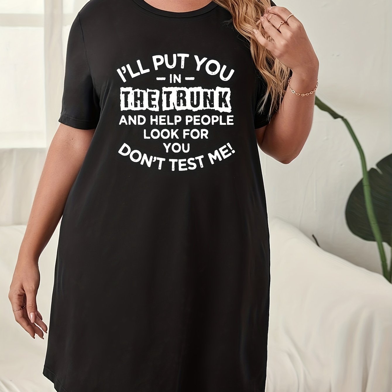 Slogan Print Round Neck Sleep Dress