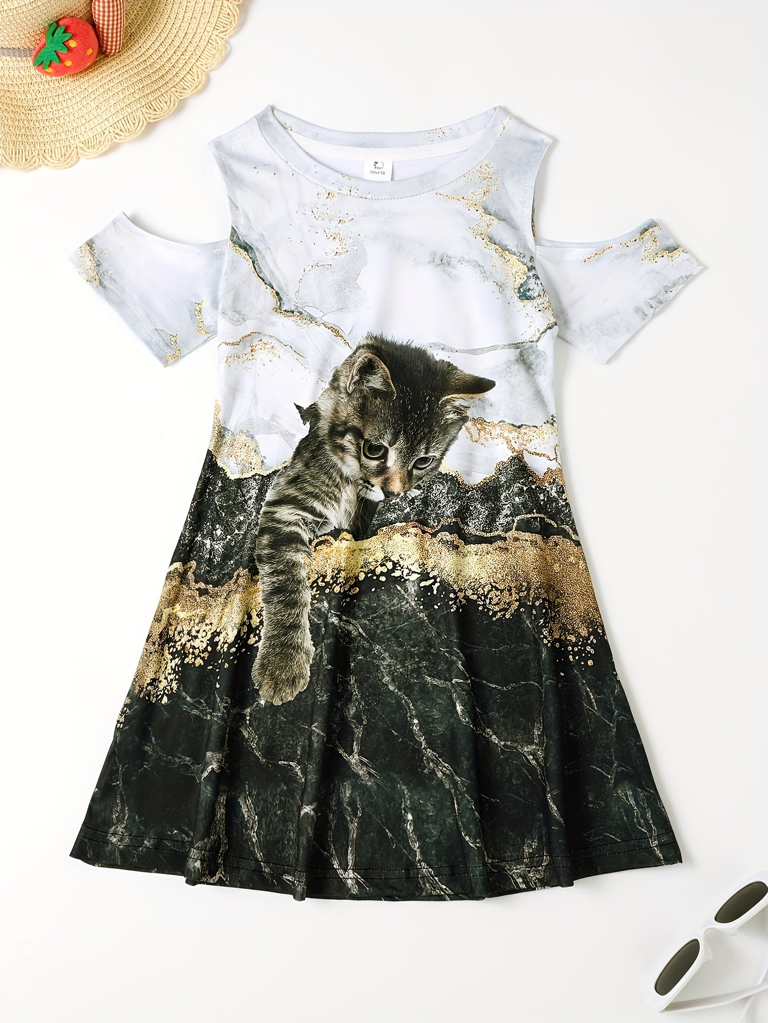Girls 3D Kitty Cold Shoulder Dress - Summer Party Clothes