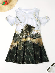 Girls 3D Kitty Cold Shoulder Dress - Summer Party Clothes