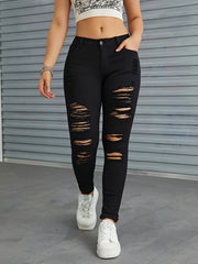 Solid Slim Fit Jeans Vintage Button High Stretch Trousers