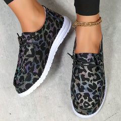 Leopard Printed Lace up Boat Shoes Low Flats Casual Walking Shoes