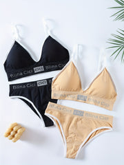 Letter Print Bra & Panties Set Push Up Bra & Elastic Panties Lingerie Women