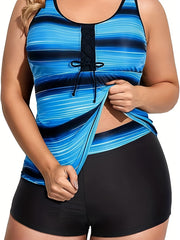 Women's Plus Striped Print Lace Halter Tankini Set