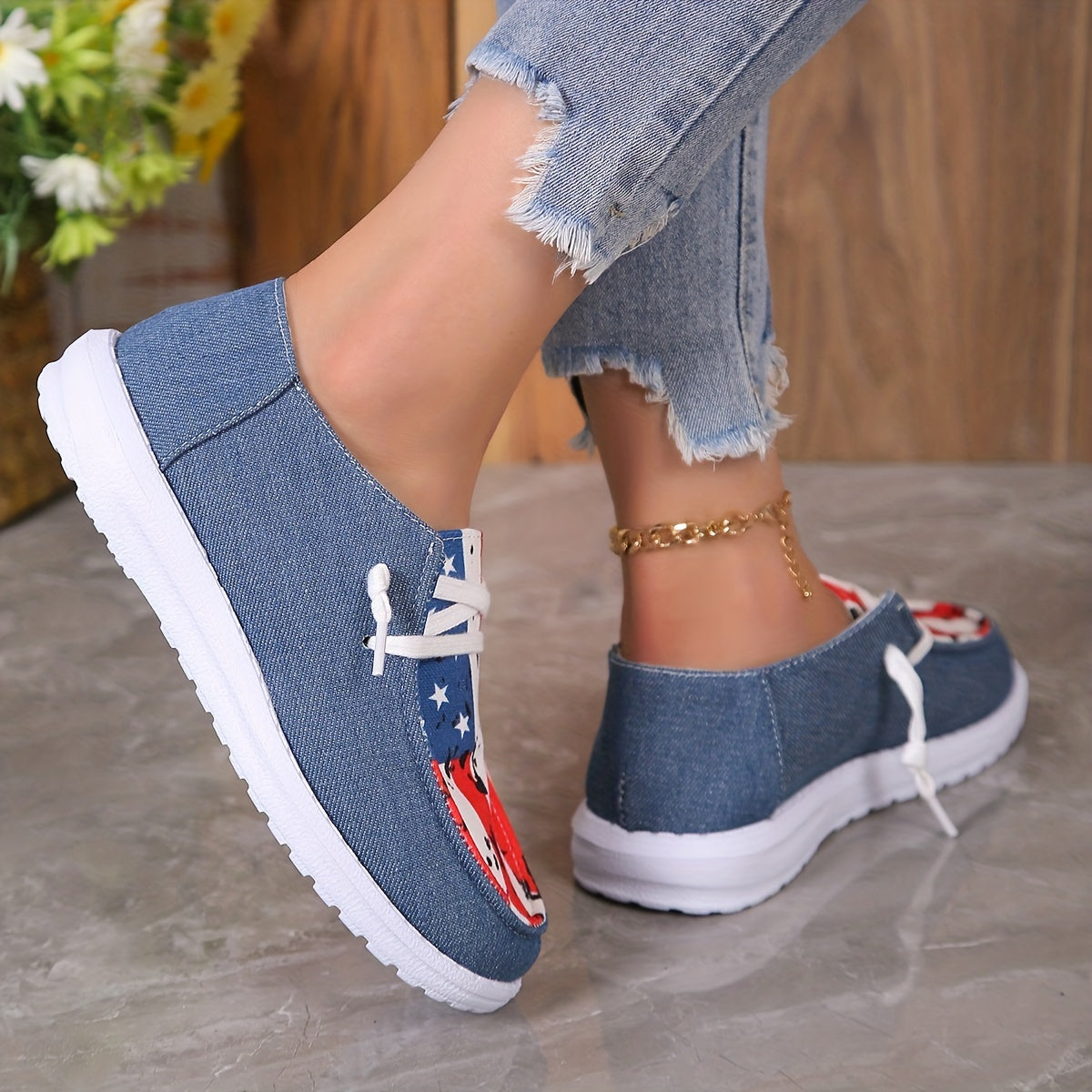 Women's American Flag Boat Shoes Lace Up Flats Low Top Patriotic Sneakers