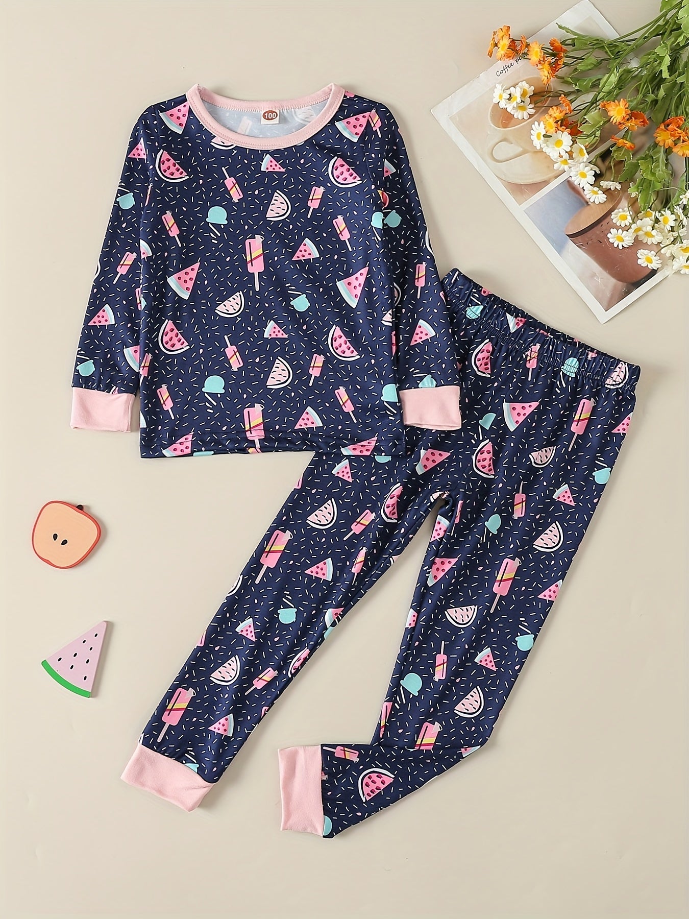 2Pcs Toddler Girls Watermelon Pajama Set Long Sleeve Top & Pants