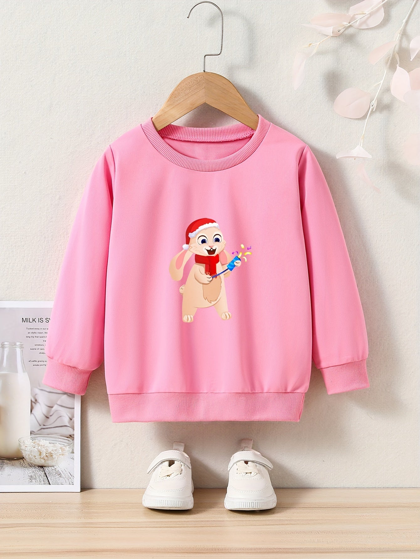 Christmas Bunny Print Girls Casual Pullover Sweatshirt
