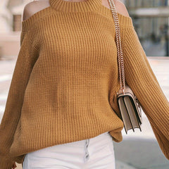 Solid Lantern Sleeve Cold Shoulder Knit Pullover Jumper
