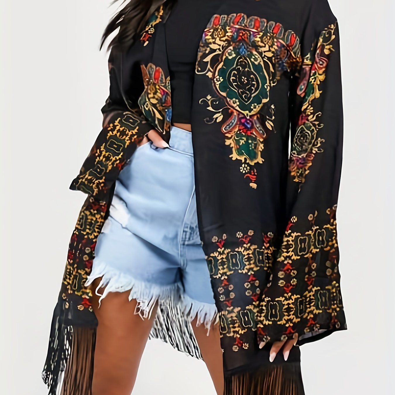 Boho Floral Print Fringe Trim Cardigan