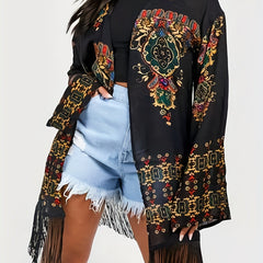 Boho Floral Print Fringe Trim Cardigan