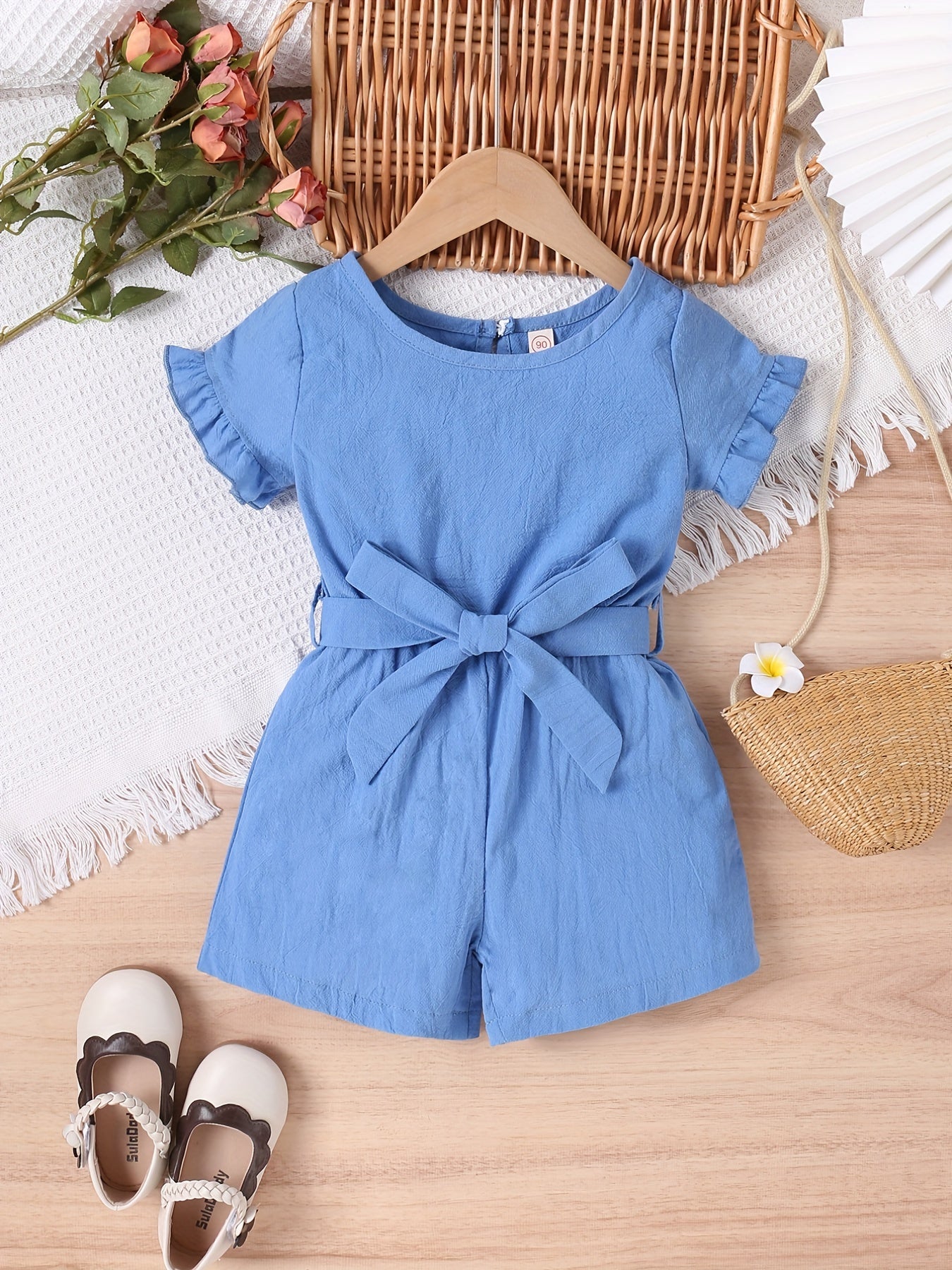 Girls Cotton Linen Frill Trim Romper Shorts with Belt