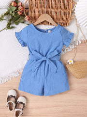 Girls Cotton Linen Frill Trim Romper Shorts with Belt