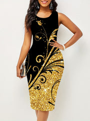 Starry Print Tank Dress Crew Neck Sleeveless Bodycon Bag Hip Dress