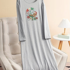 Christmas Lounge Dress Women's Plus Floral & Gingerbread Man Print