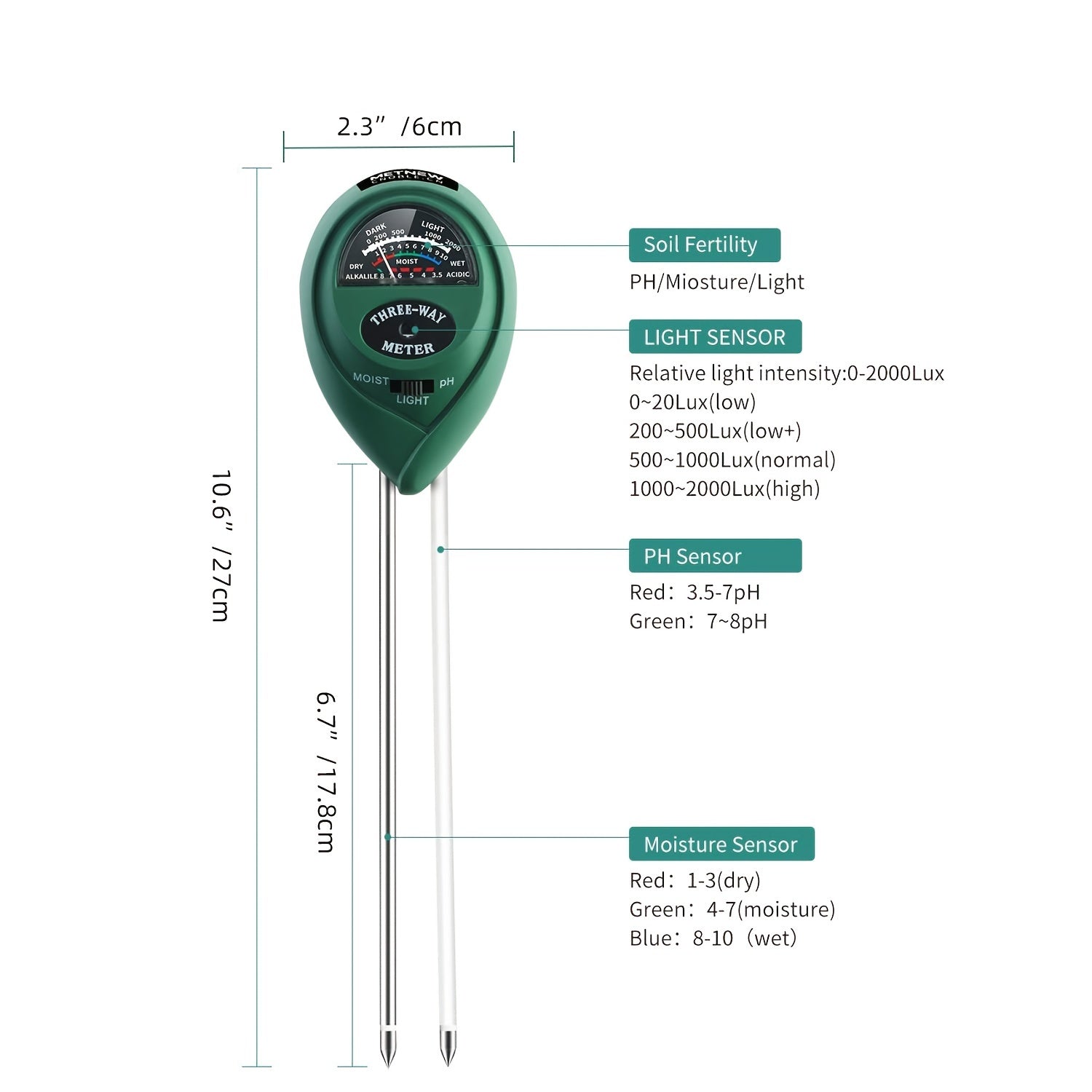 3-in-1 Soil PH Meter Moisture Light Tester Tool for Plant Care