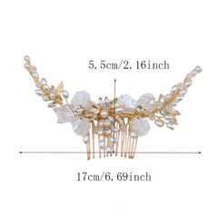 Faux Pearl Hair Comb Flower Hair Comb Golden Leaf Bridal Insert Comb