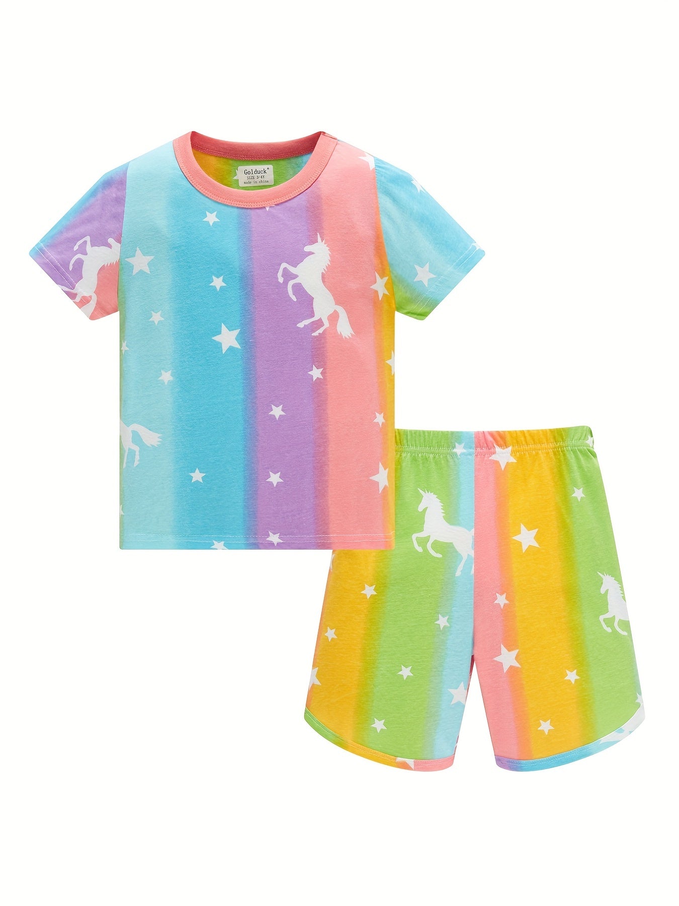 Kid's 2pcs Cotton Pajamas Short Sleeve Top & Shorts Set Stripe Unicorn
