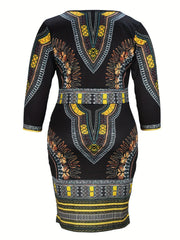 Tribal Print Surplice Neck Bodycon Midi Dress