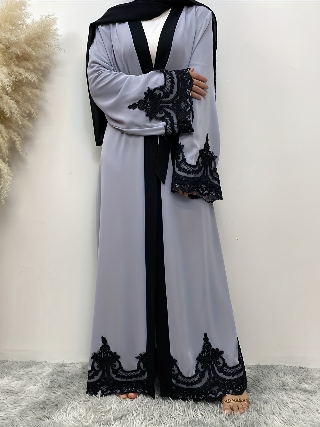 Women's Plus Floral Embroidered Abaya Dress With Belt