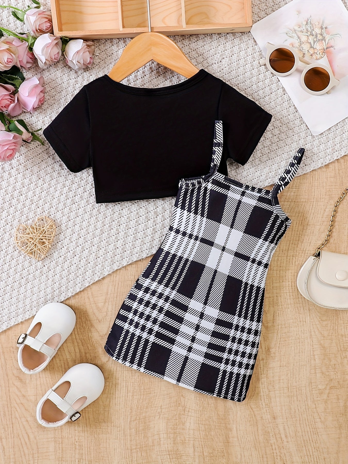 Infants Summer Outfit Short Sleeve Tee Top & Cami Dress Set with Suspenders