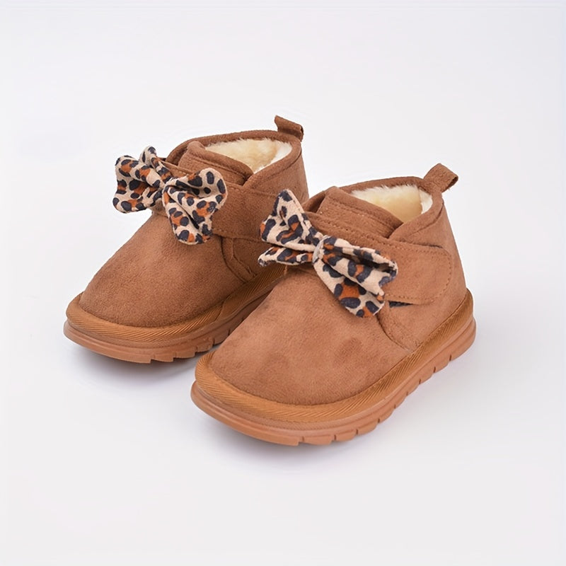 EDUBA Leopard Bow Snow Boots For Girls Warm Plus Fleece Boots For Winter