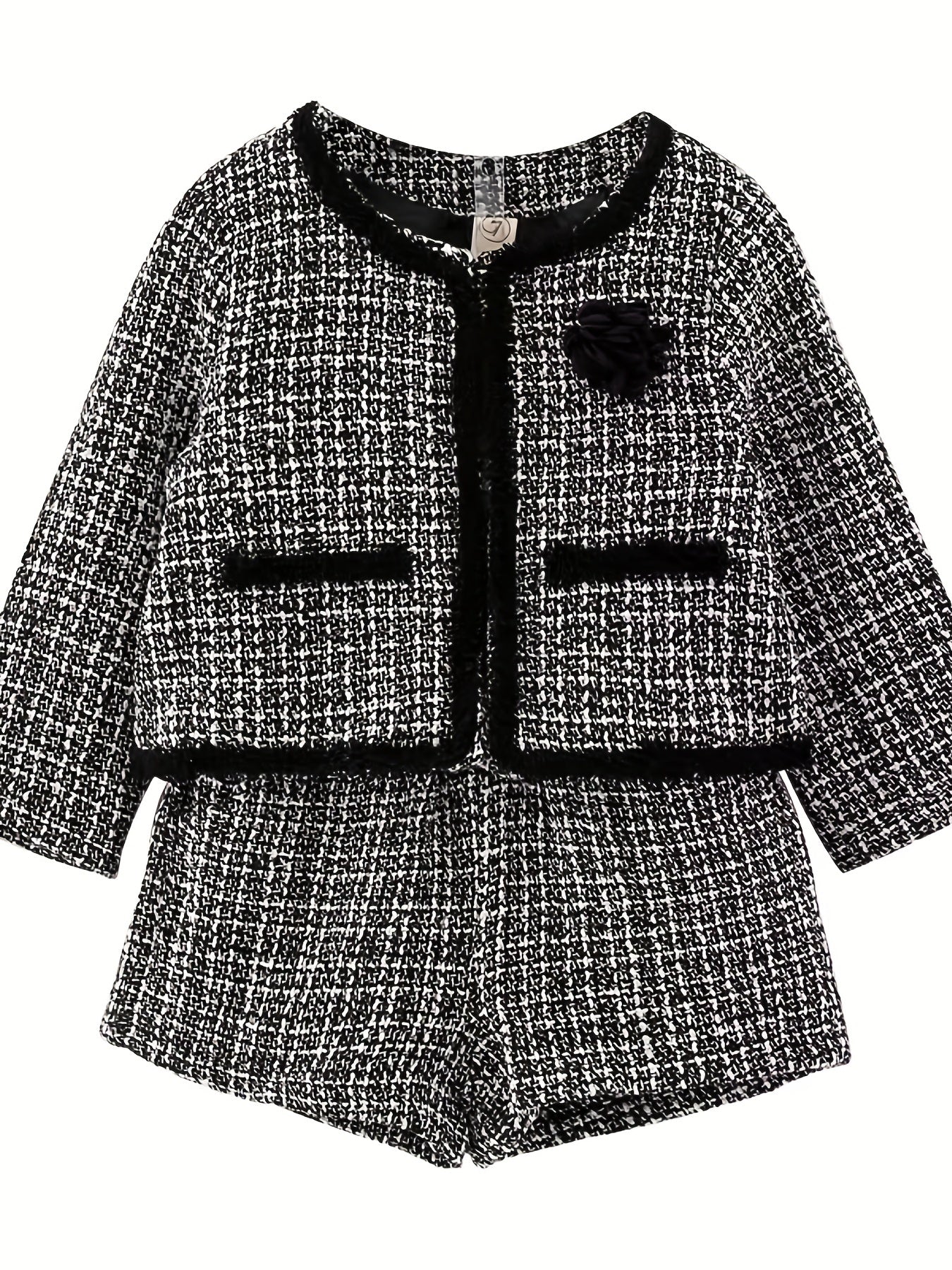 Girl's Tweed Jacket & Shorts Set Floral Decor Spring Autumn