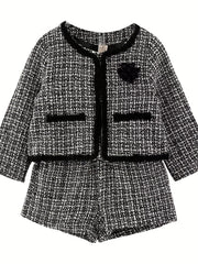 Girl's Tweed Jacket & Shorts Set Floral Decor Spring Autumn
