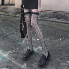 Ruffle Fishnet Thigh High Stockings Hollow Out Over The Knee Socks