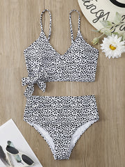 Polka Dot Bikini Set V Neck Bow Tie Spaghetti Straps High Rise