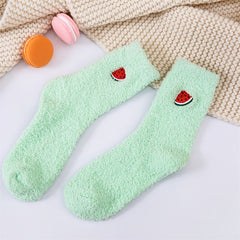 Soft Plush Home Floor Socks Fruit Pattern Thick & Warm Mid Tube Stockings