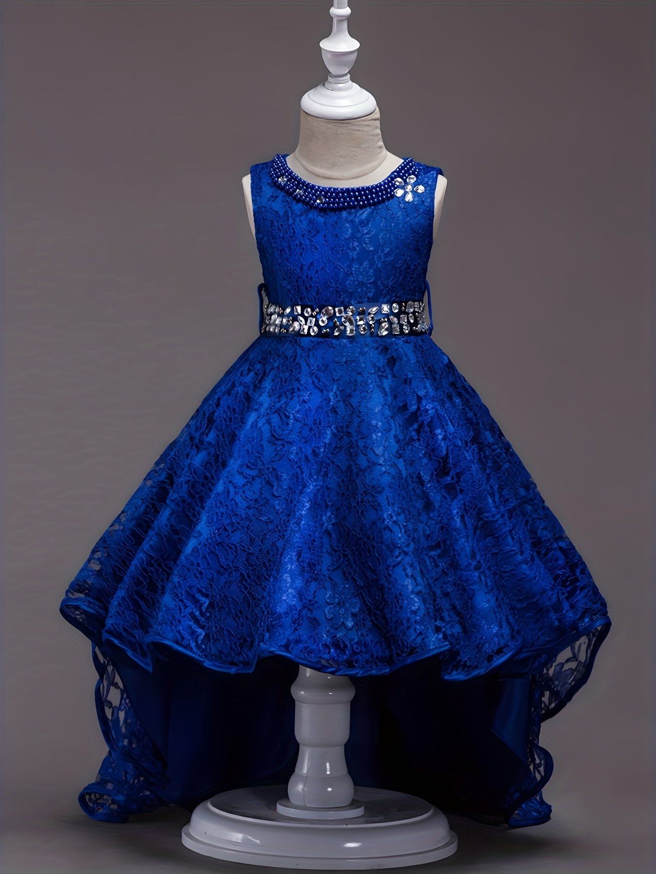 Girls Sleeveless Puffy Princess Dress Tulle Lace Beaded Rhinestone
