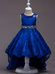 Girls Sleeveless Puffy Princess Dress Tulle Lace Beaded Rhinestone