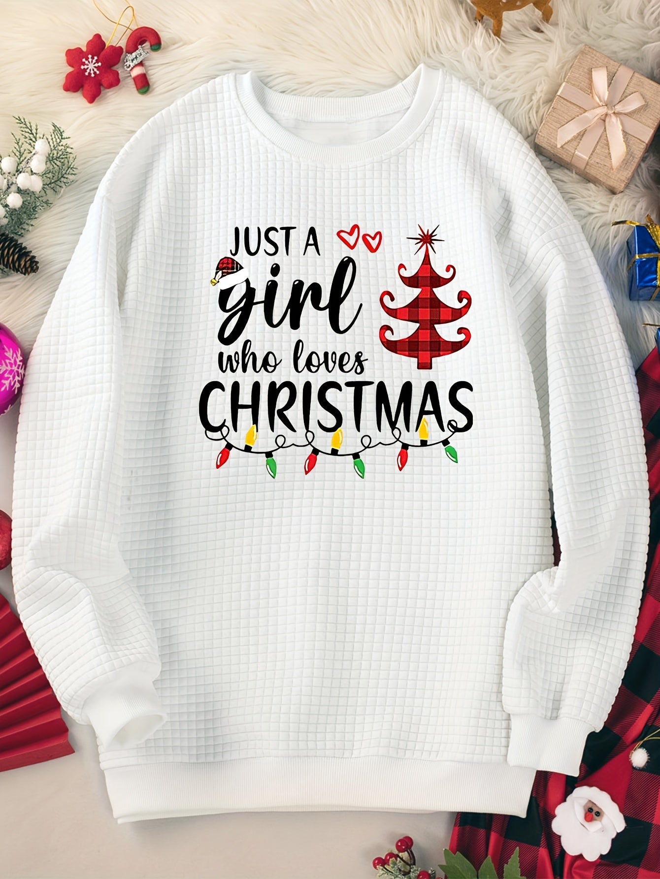 Women's Plus Christmas Tree & Slogan Print Long Sleeve Top