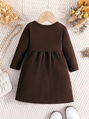 Girls' Corduroy Button Crew Neck Long Sleeve Dress For Party