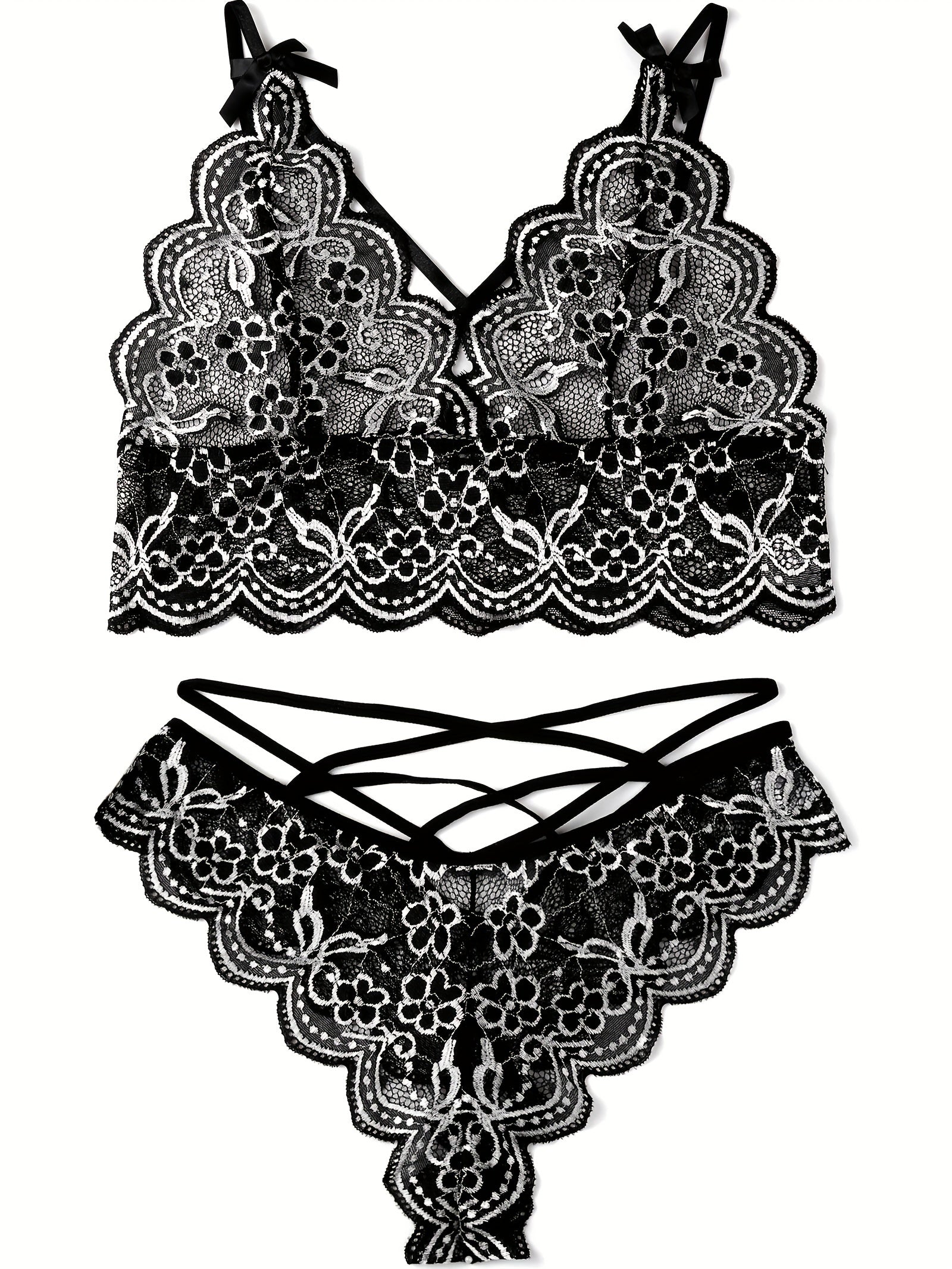 Floral Lace Lingerie Set - Sexy Bra & Cut Out Panties