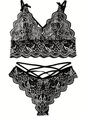 Floral Lace Lingerie Set - Sexy Bra & Cut Out Panties