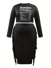 Letter Print Crop Tee & Fringe Trim Skirt Set