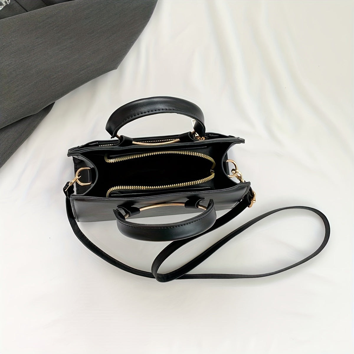 Round Handle Satchel Crossbody Tote Bag PU Leather Textured Shoulder Bag