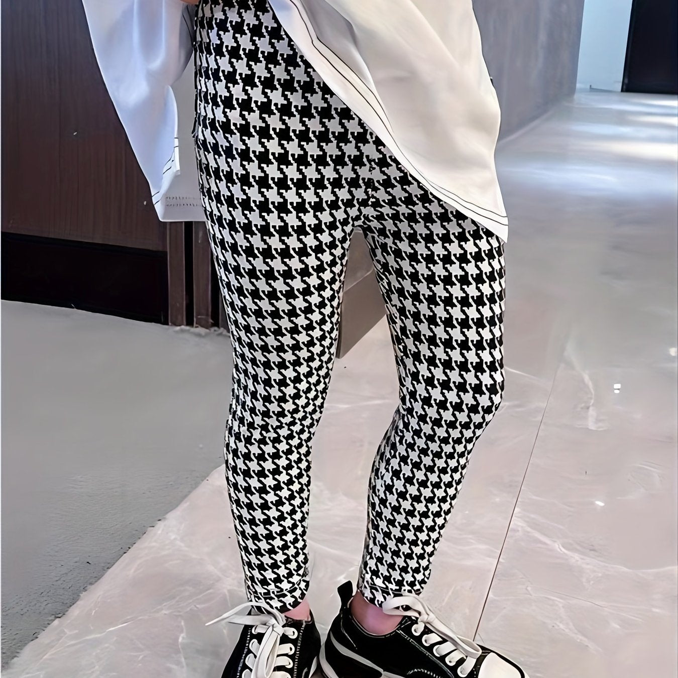 Girls Stretchy Houndstooth Leggings Elastic Waist Slim Fit Pants